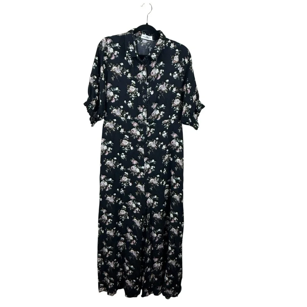 Natural Life Size Large Black Floral Short Sleeve Jumpsuit Flowy Boho Wide Leg